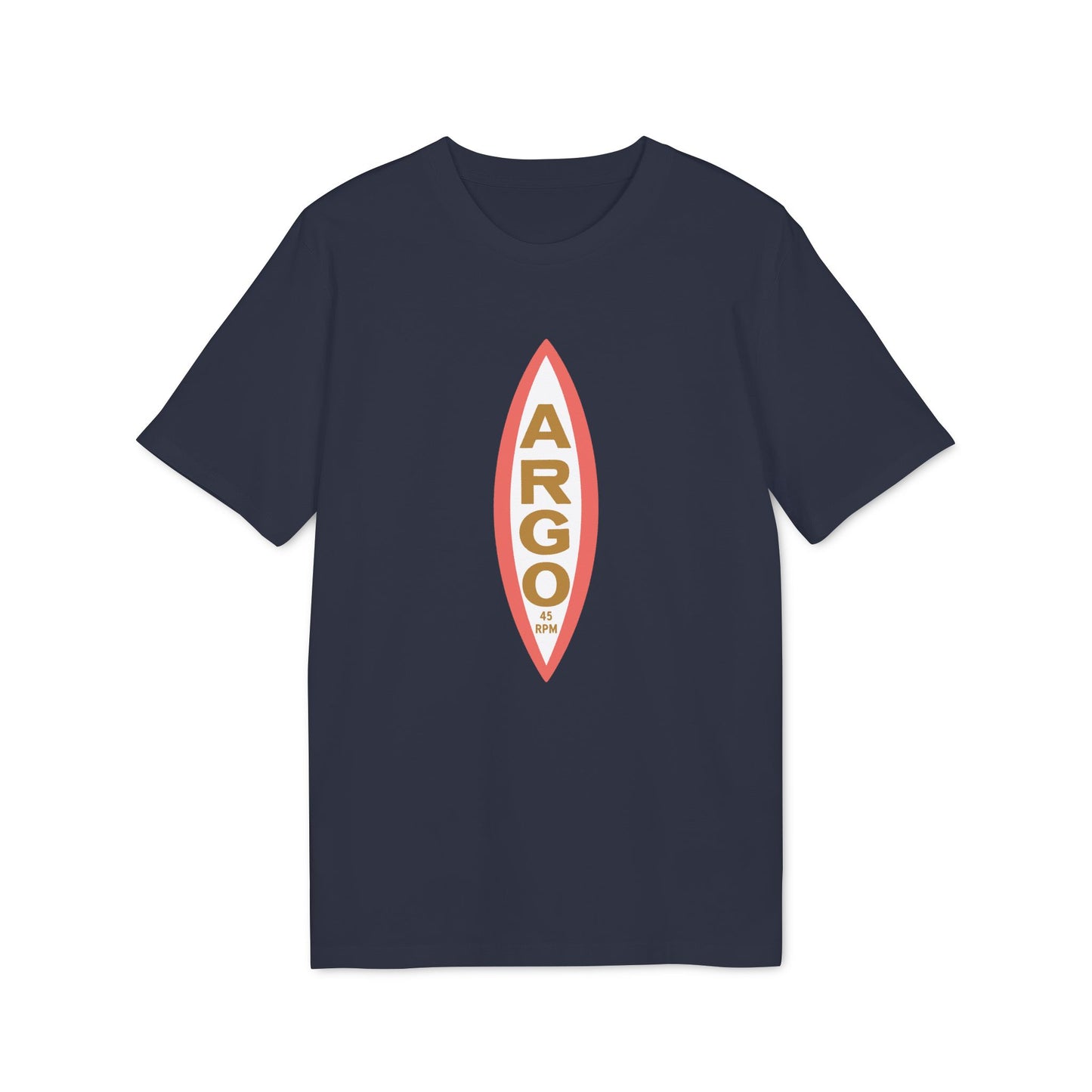 Dark navy t-shirt with a vertical red and white oval logo with "ARGO" and "45 RPM" text.