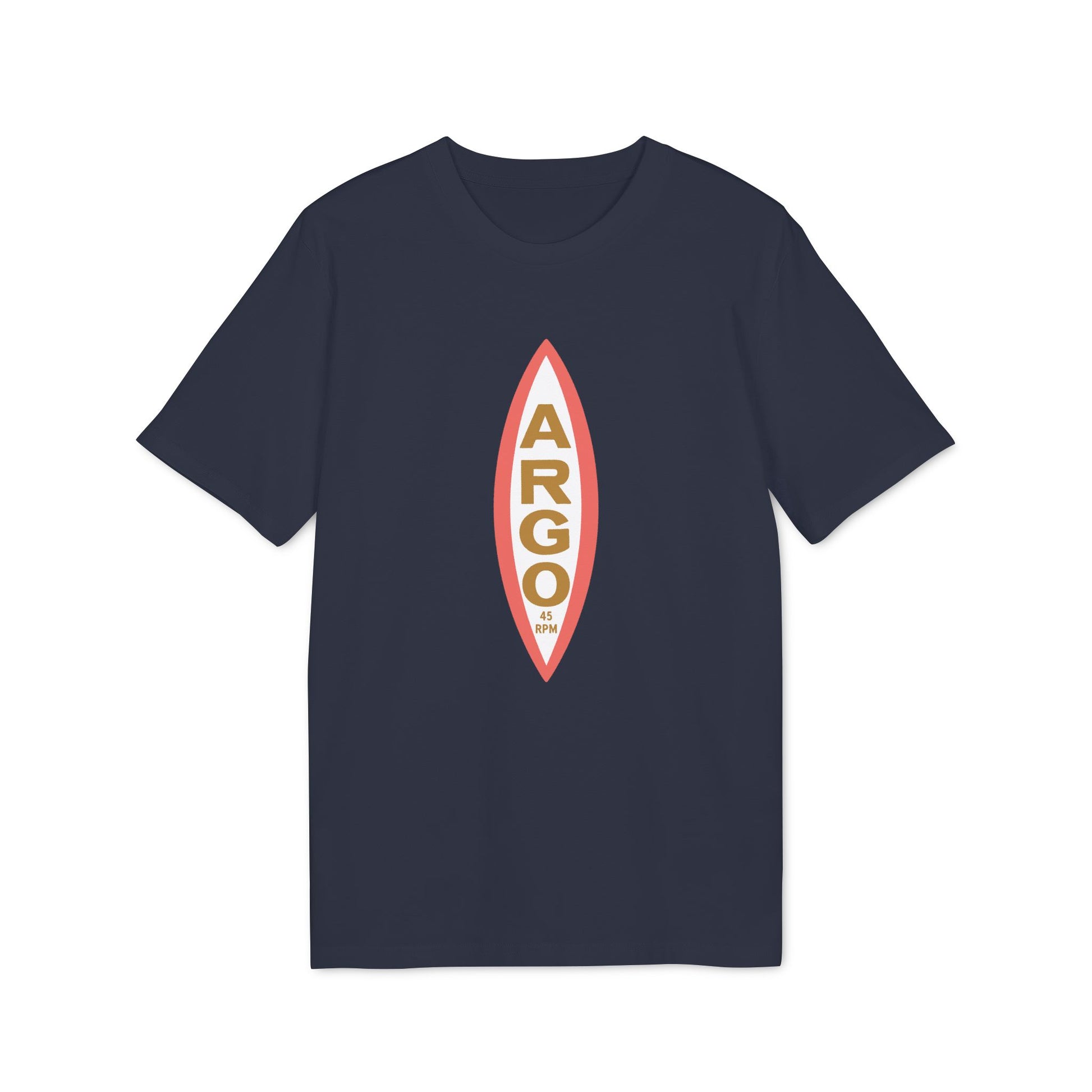 Dark navy t-shirt with a vertical red and white oval logo with "ARGO" and "45 RPM" text.
