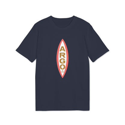 Dark navy t-shirt with a vertical red and white oval logo with "ARGO" and "45 RPM" text.