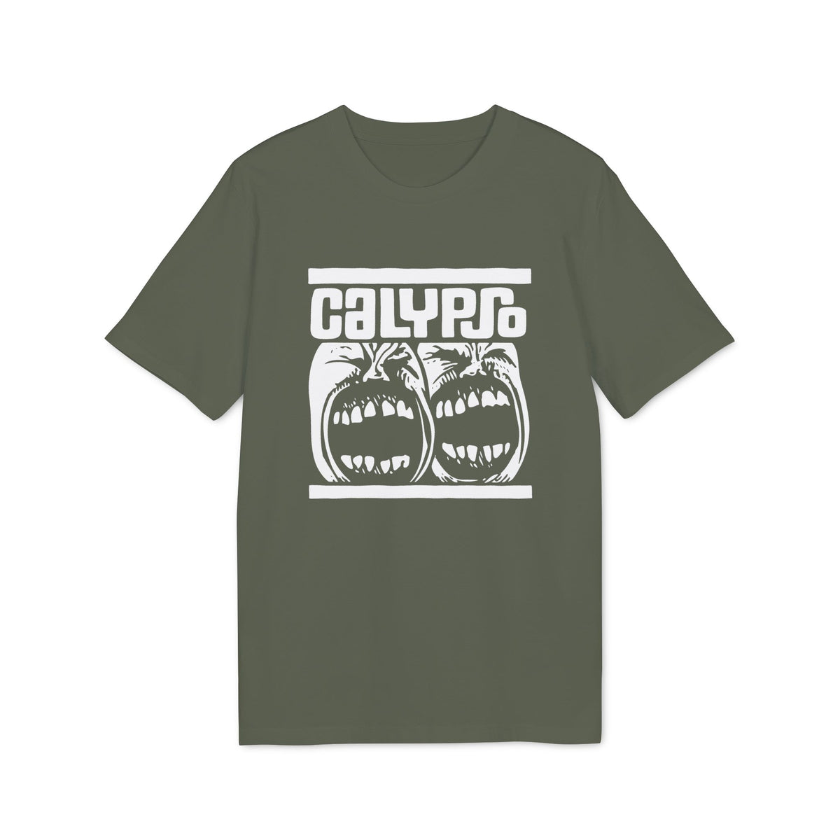 An olive green crewneck t-shirt featuring a white graphic print with the word Calypso above two screaming faces.