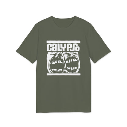 An olive green crewneck t-shirt featuring a white graphic print with the word Calypso above two screaming faces.