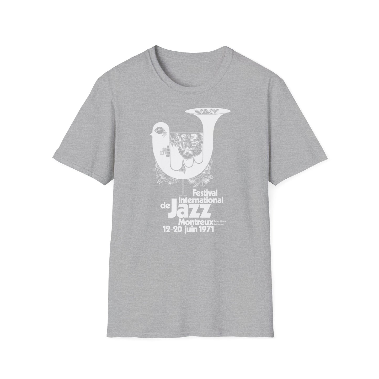 Grey t-shirt with white graphic for Festival International de Jazz Montreux 1971.