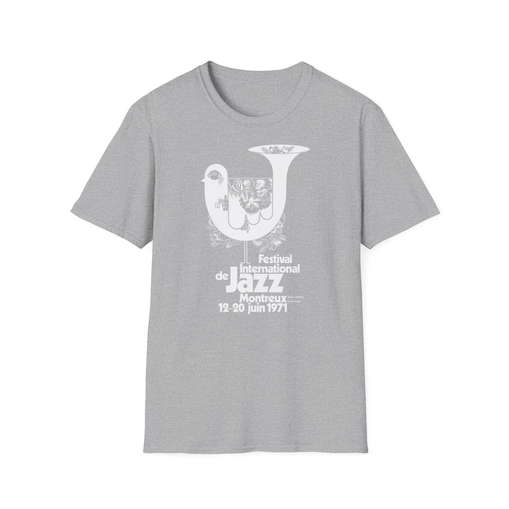 Grey t-shirt with white graphic for Festival International de Jazz Montreux 1971.
