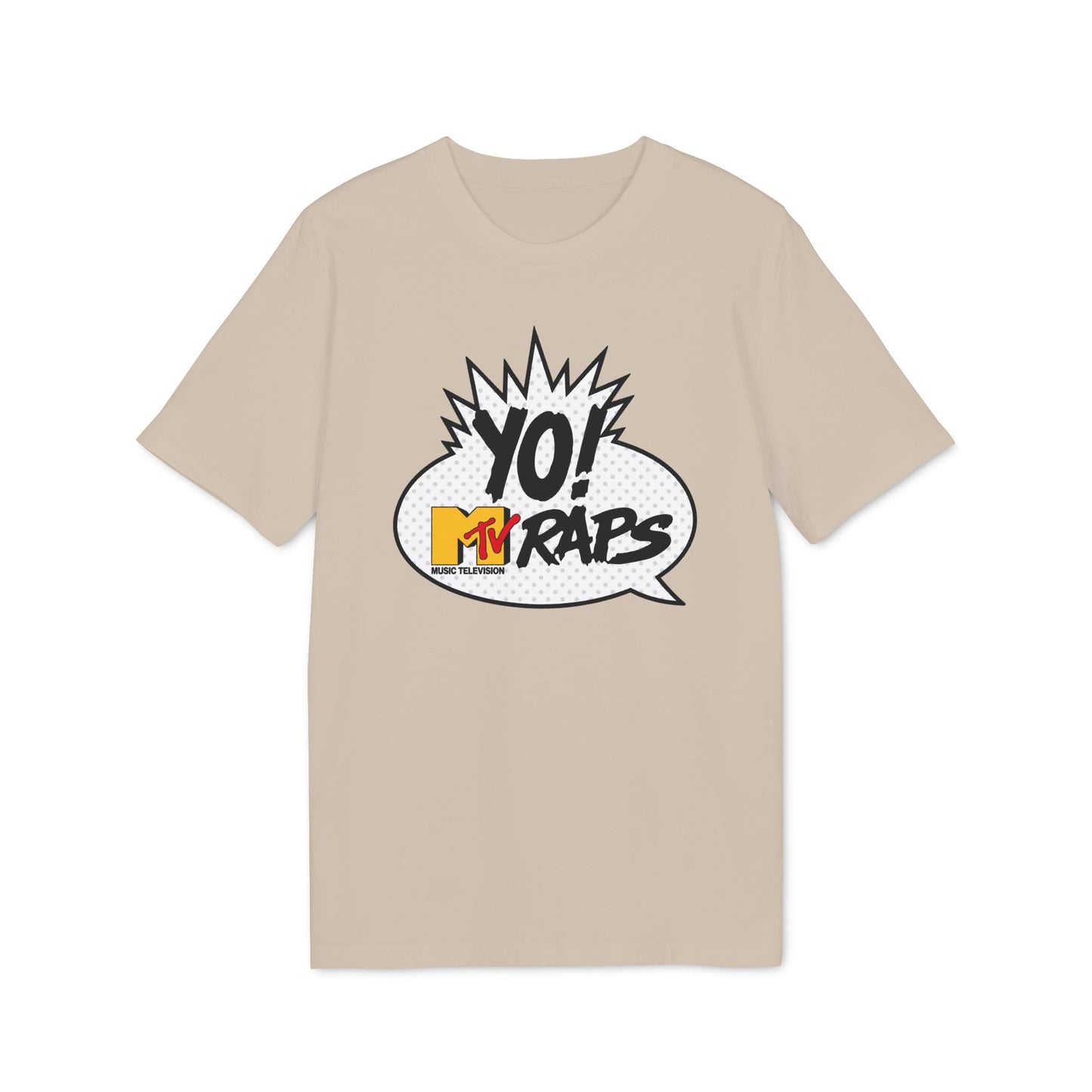 Tan t-shirt with "YO! MTV RAPS MUSIC TELEVISION" graphic in a speech bubble.