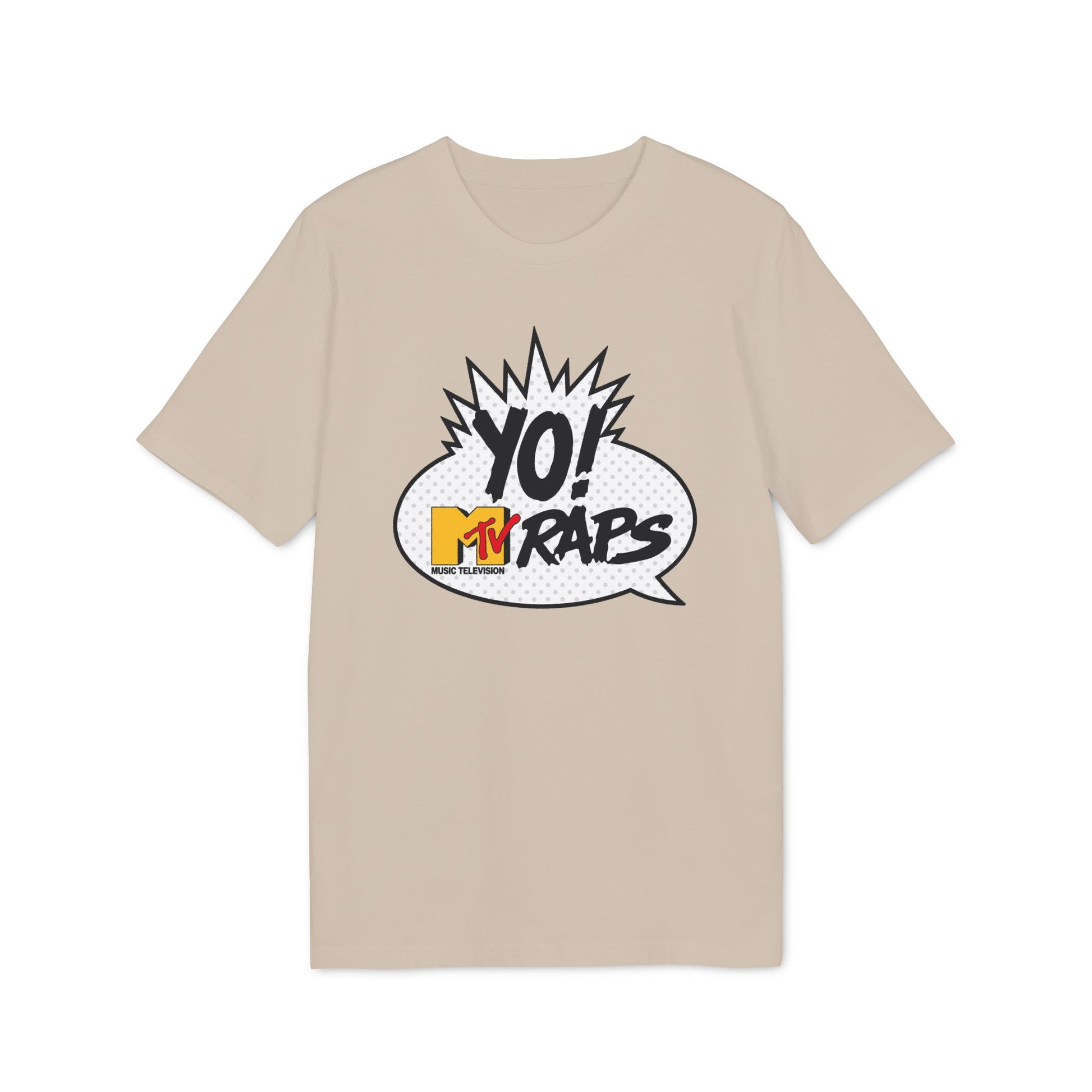 Tan t-shirt with "YO! MTV RAPS MUSIC TELEVISION" graphic in a speech bubble.
