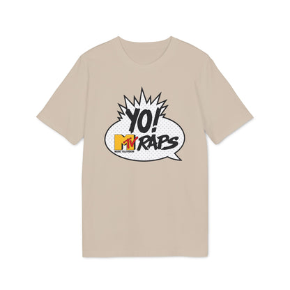 Tan t-shirt with "YO! MTV RAPS MUSIC TELEVISION" graphic in a speech bubble.