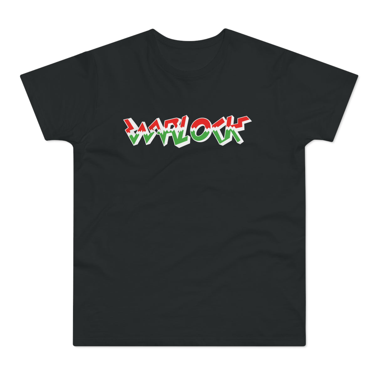 Black t-shirt with white, red, and green "WARLOCK" text in a blocky, outlined font.