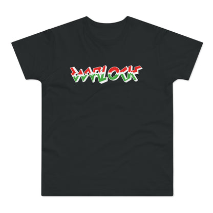 Black t-shirt with white, red, and green "WARLOCK" text in a blocky, outlined font.