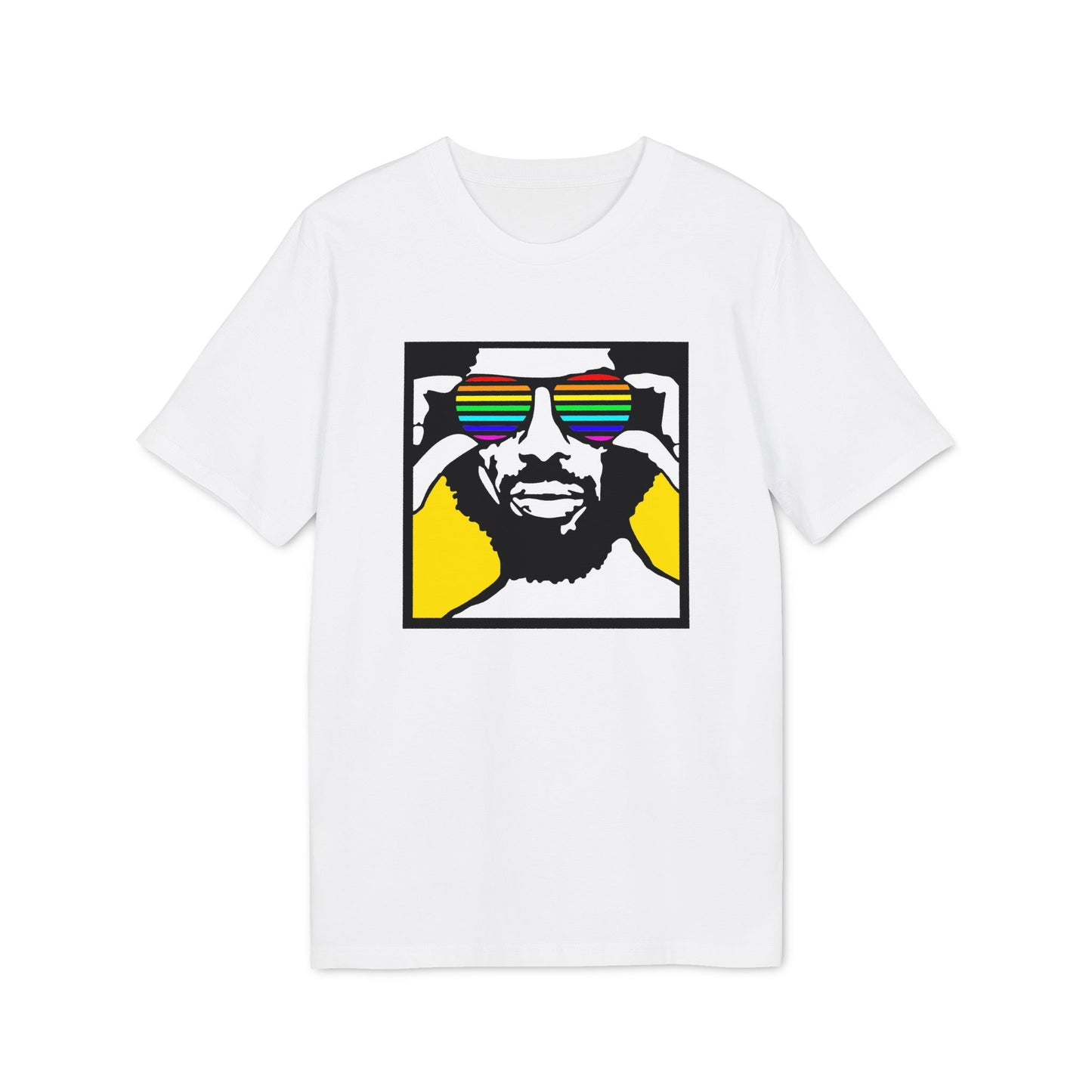 White t-shirt with graphic of person wearing rainbow striped sunglasses.