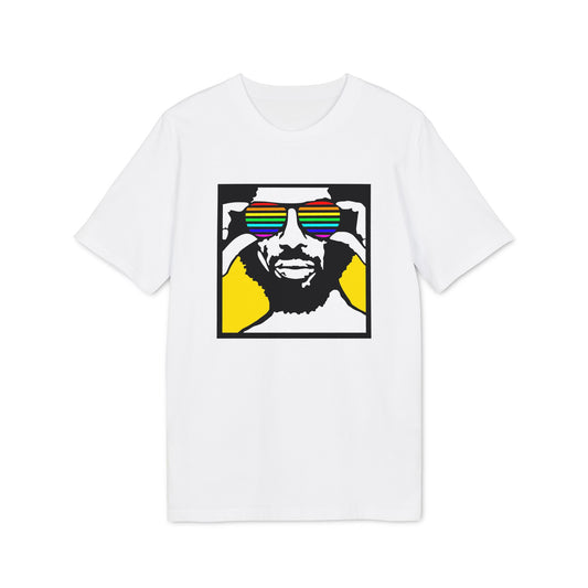 White t-shirt with graphic of person wearing rainbow striped sunglasses.