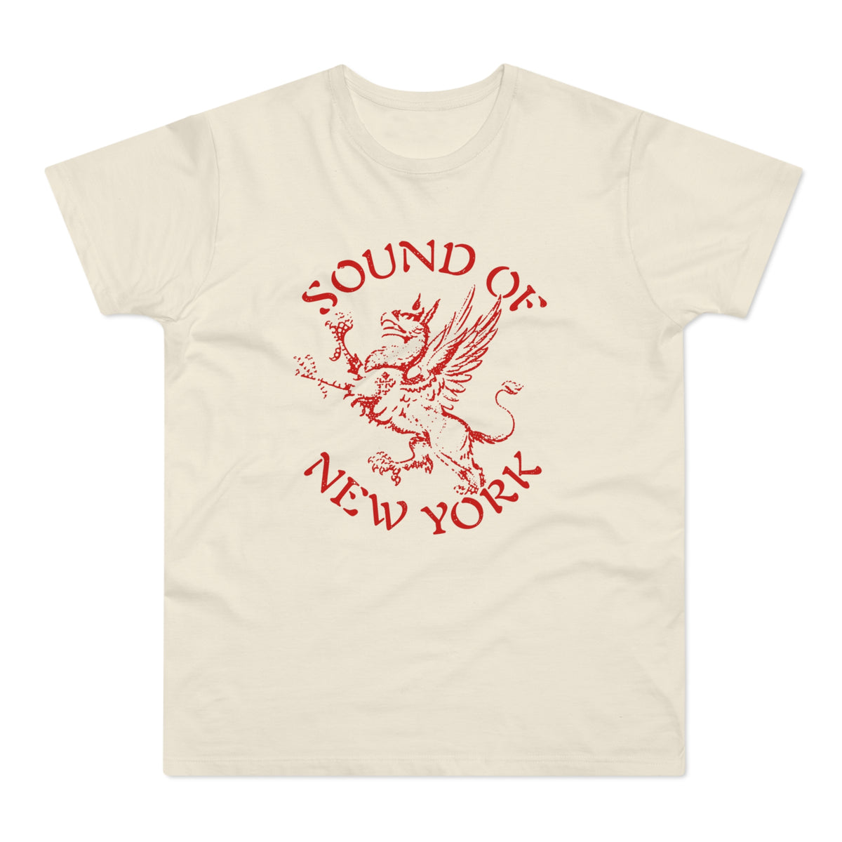 Cream t-shirt with red graphic of a griffin and text "Sound of New York".