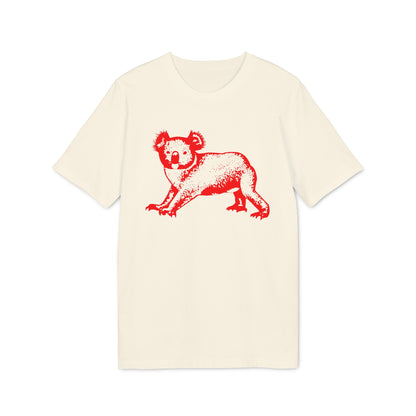A short-sleeve cream t-shirt featuring a stylized red graphic of a walking koala on the front.