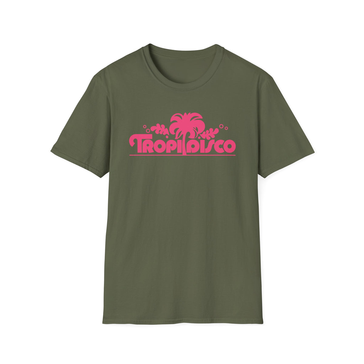 Olive green t-shirt with pink "TroPI DISCO" text and palm tree graphic.