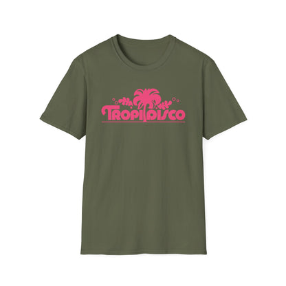 Olive green t-shirt with pink "TroPI DISCO" text and palm tree graphic.