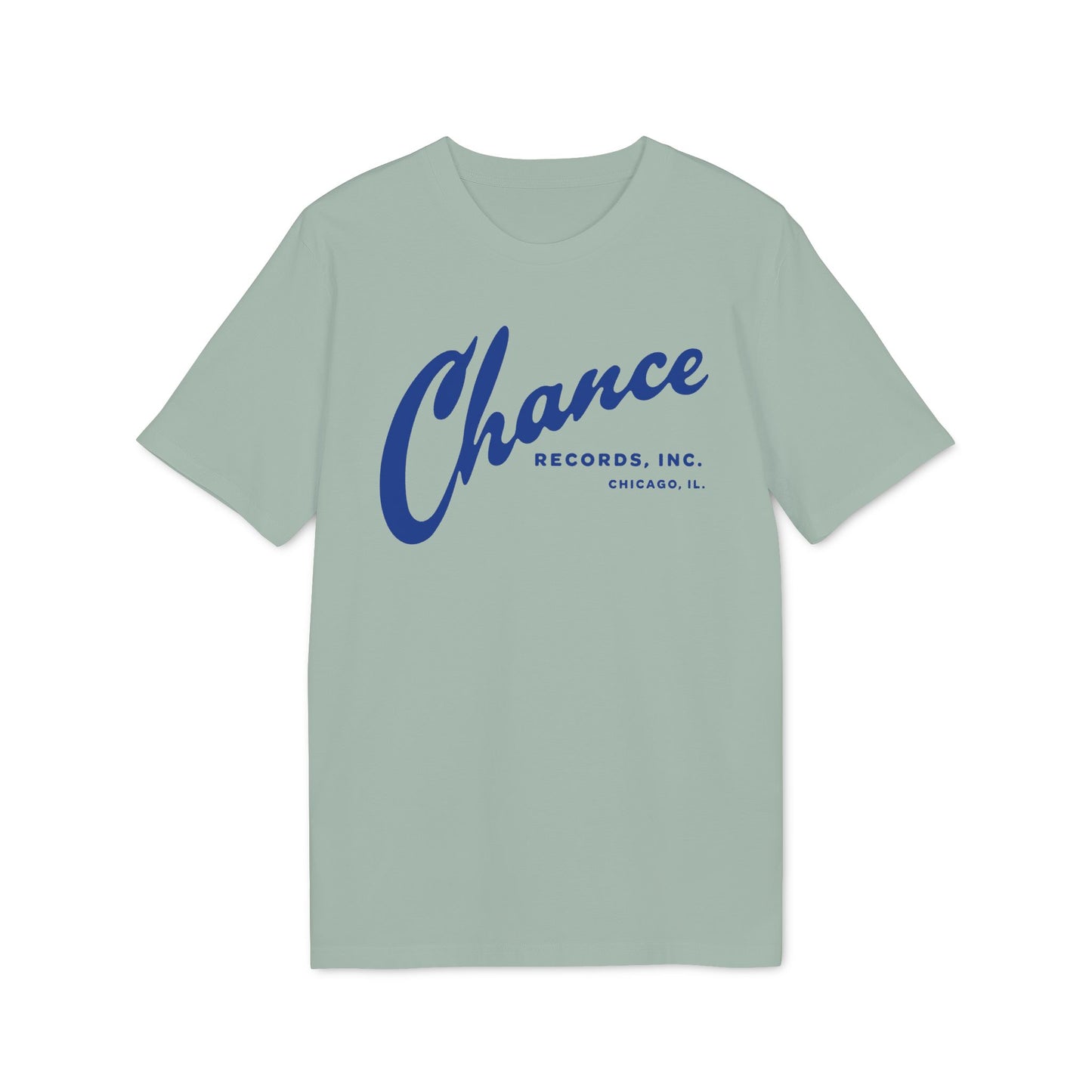 Light green t-shirt with blue "Chance Records, Inc. Chicago, IL." text.