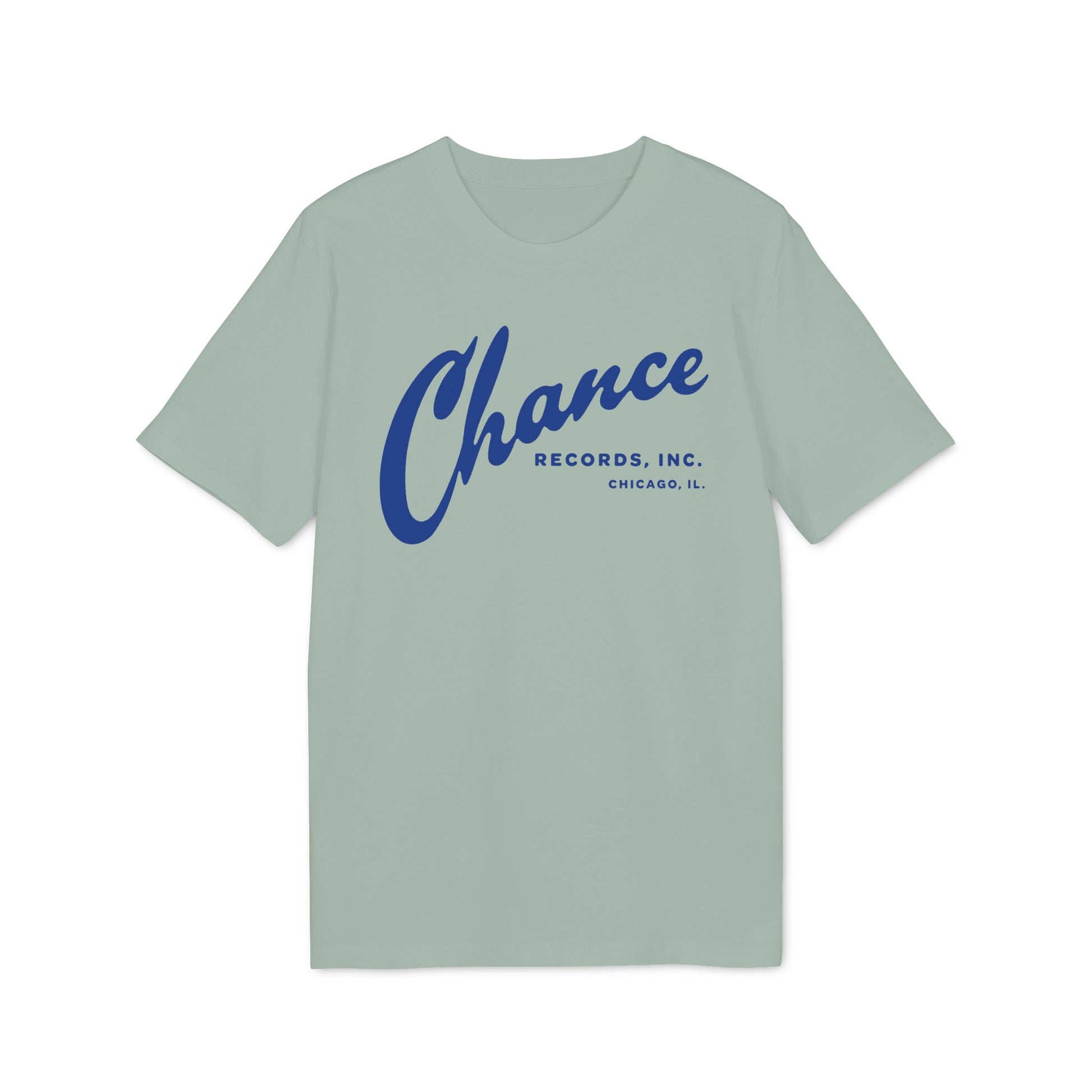 Light green t-shirt with blue "Chance Records, Inc. Chicago, IL." text.