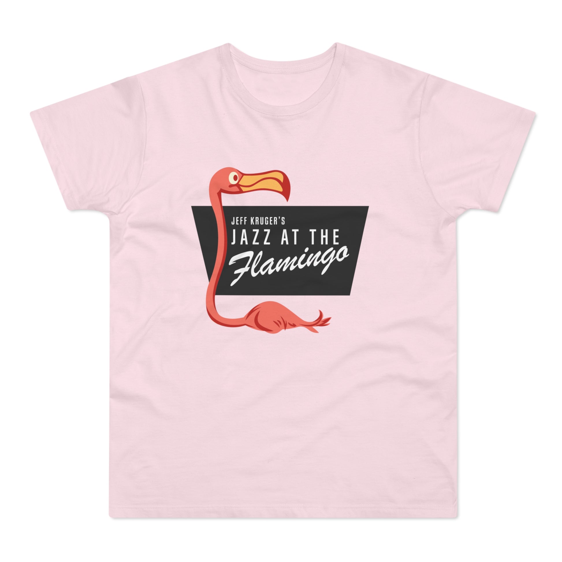 Pink t-shirt with retro flamingo graphic and "Jeff Kruger's Jazz at the Flamingo" text.