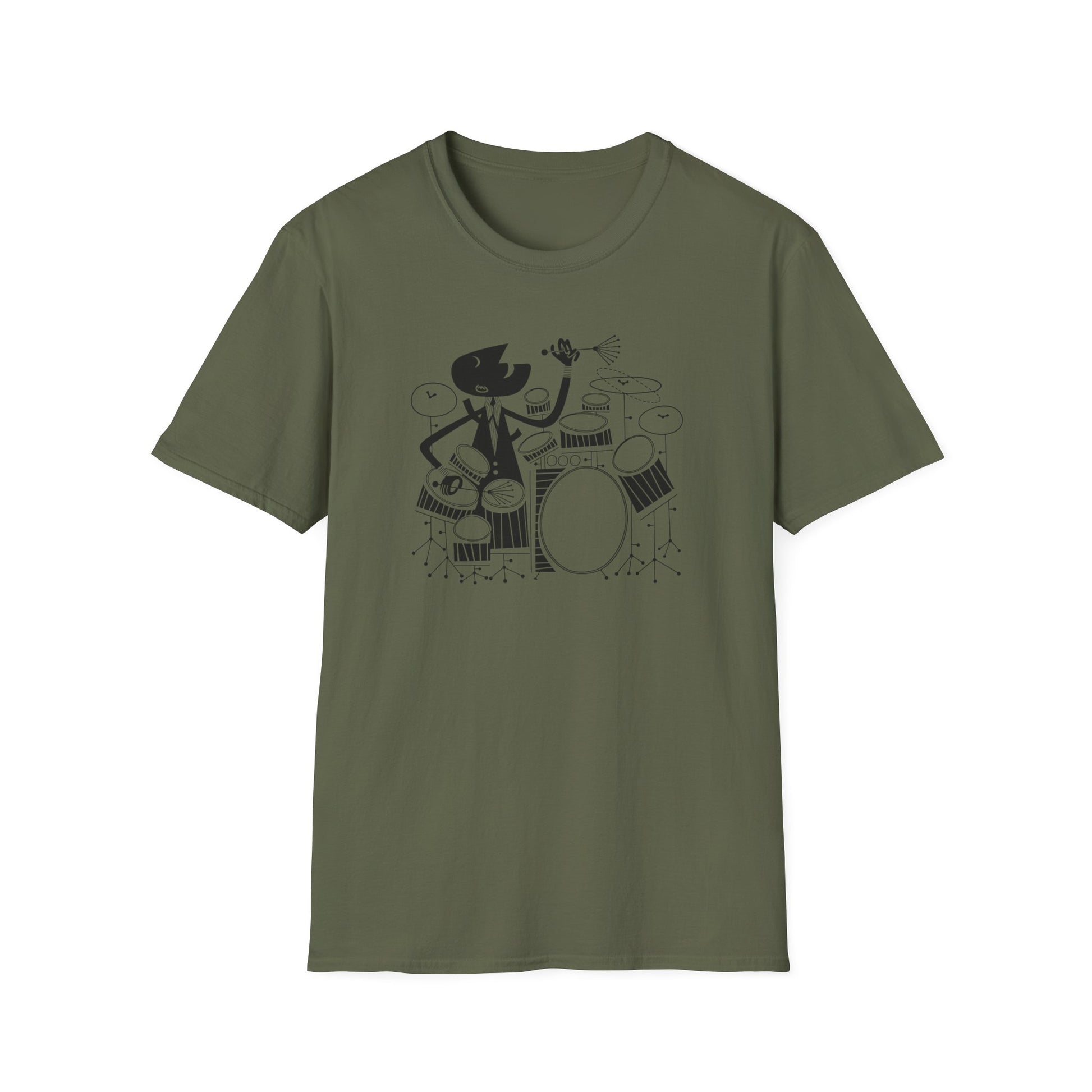 Black cartoon drummer on a green t-shirt with a drum kit.
