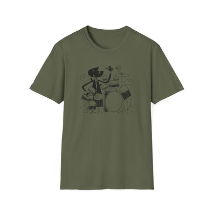 Black cartoon drummer on a green t-shirt with a drum kit.