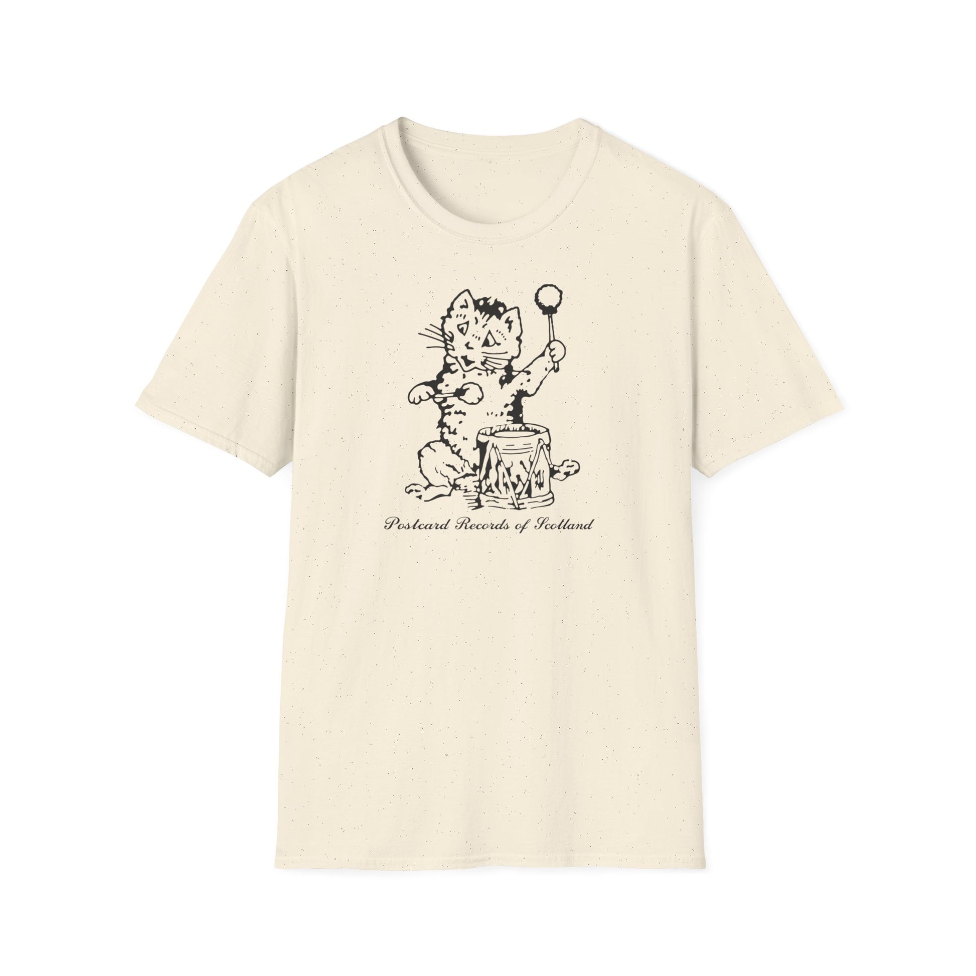 Cream t-shirt with black drawing of cat playing drum, text "Postcard Records of Scotland."