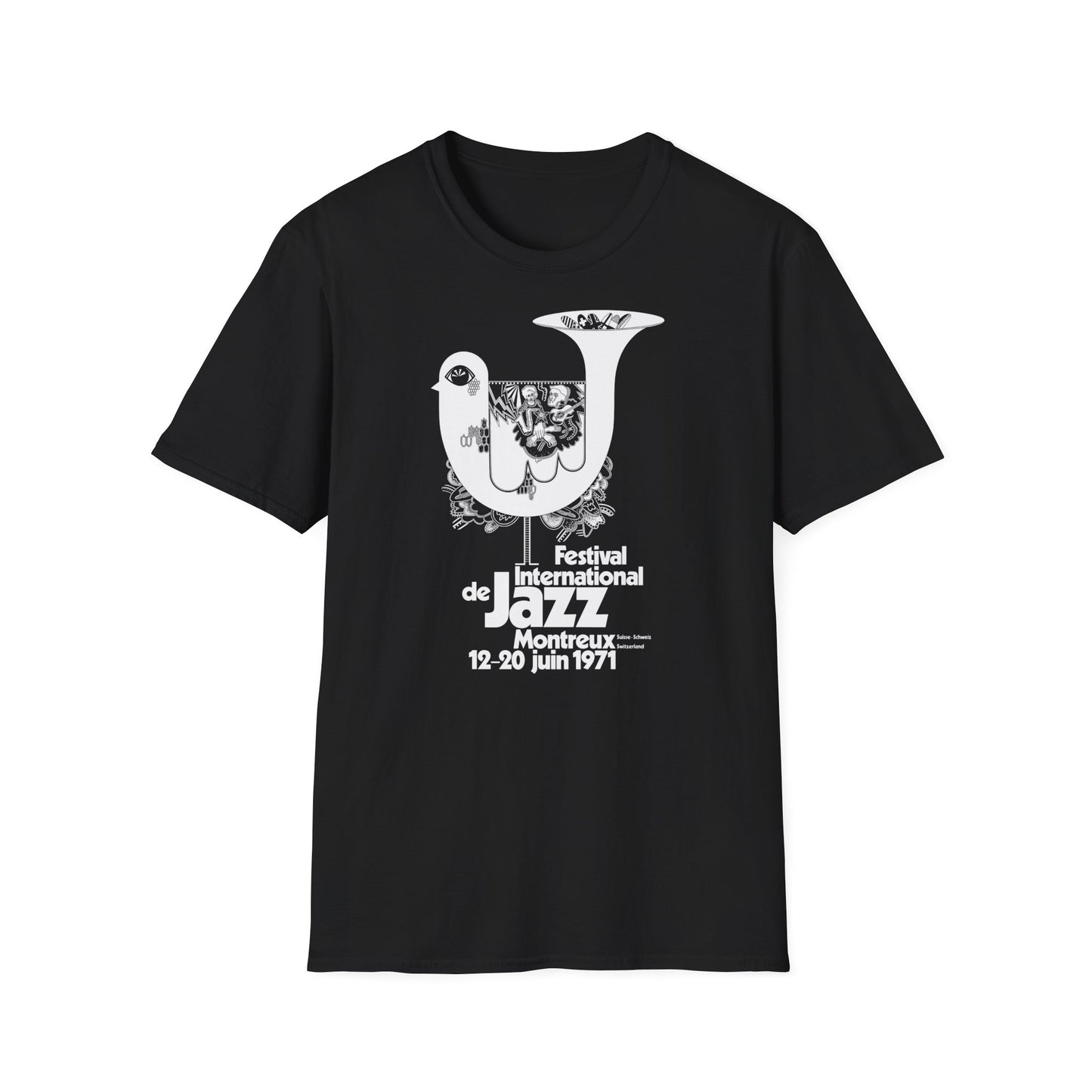 Black t-shirt with graphic for Festival Internatonal de Jazz Montreux 1971.