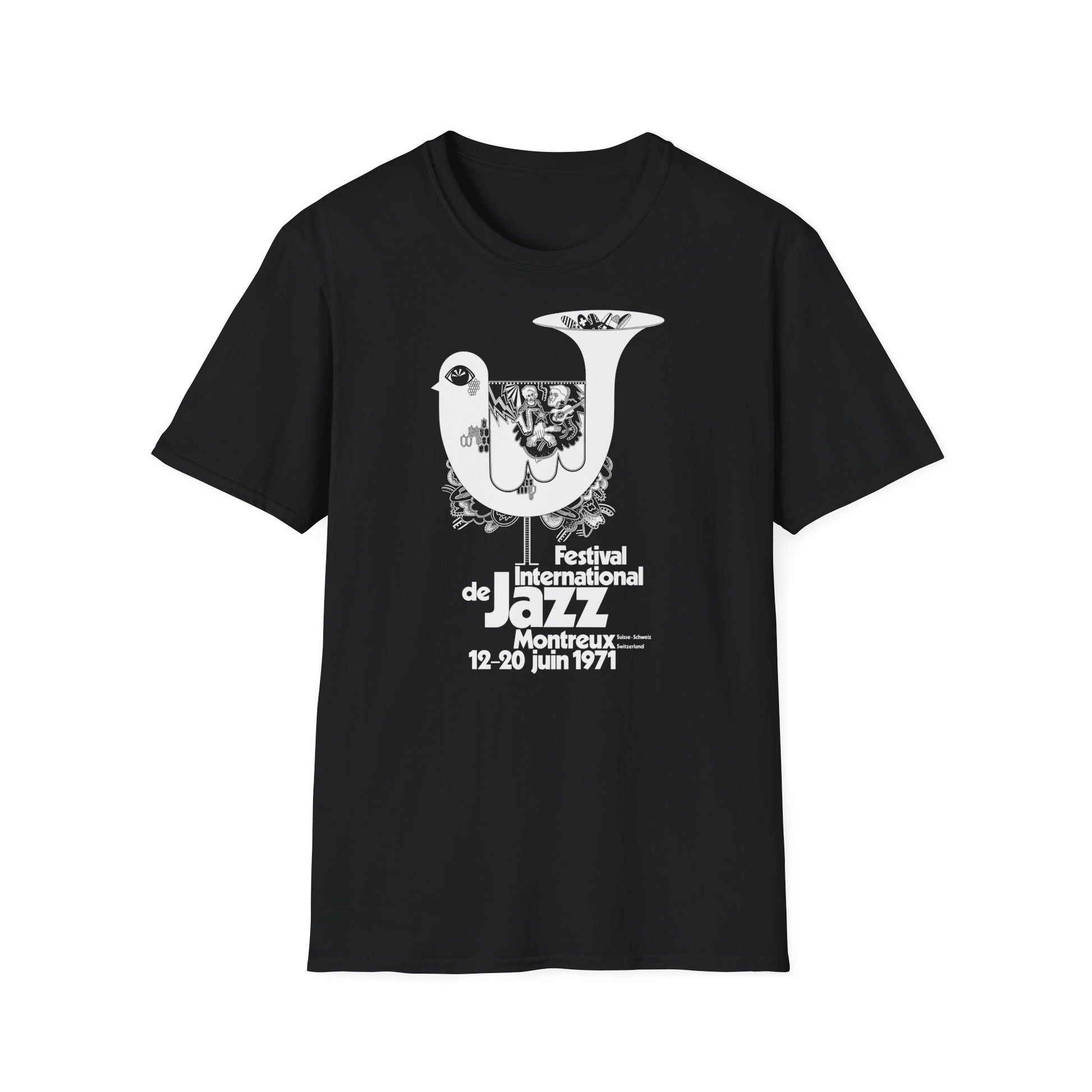 Black t-shirt with graphic for Festival Internatonal de Jazz Montreux 1971.