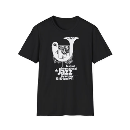 Black t-shirt with graphic for Festival Internatonal de Jazz Montreux 1971.