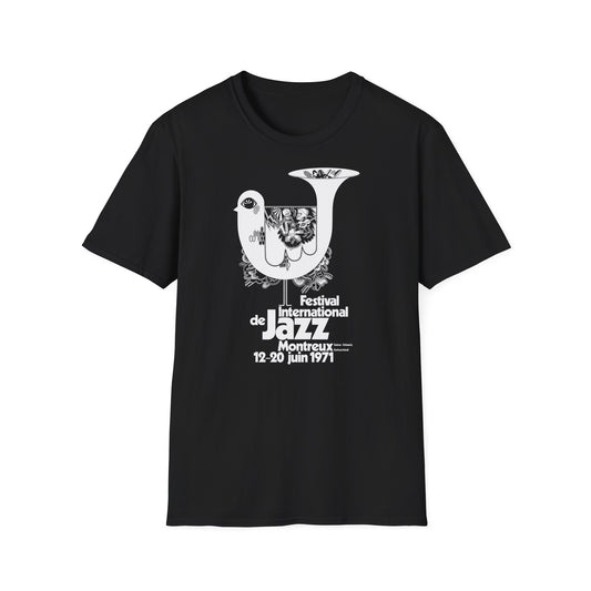 Black t-shirt with graphic for Festival Internatonal de Jazz Montreux 1971.