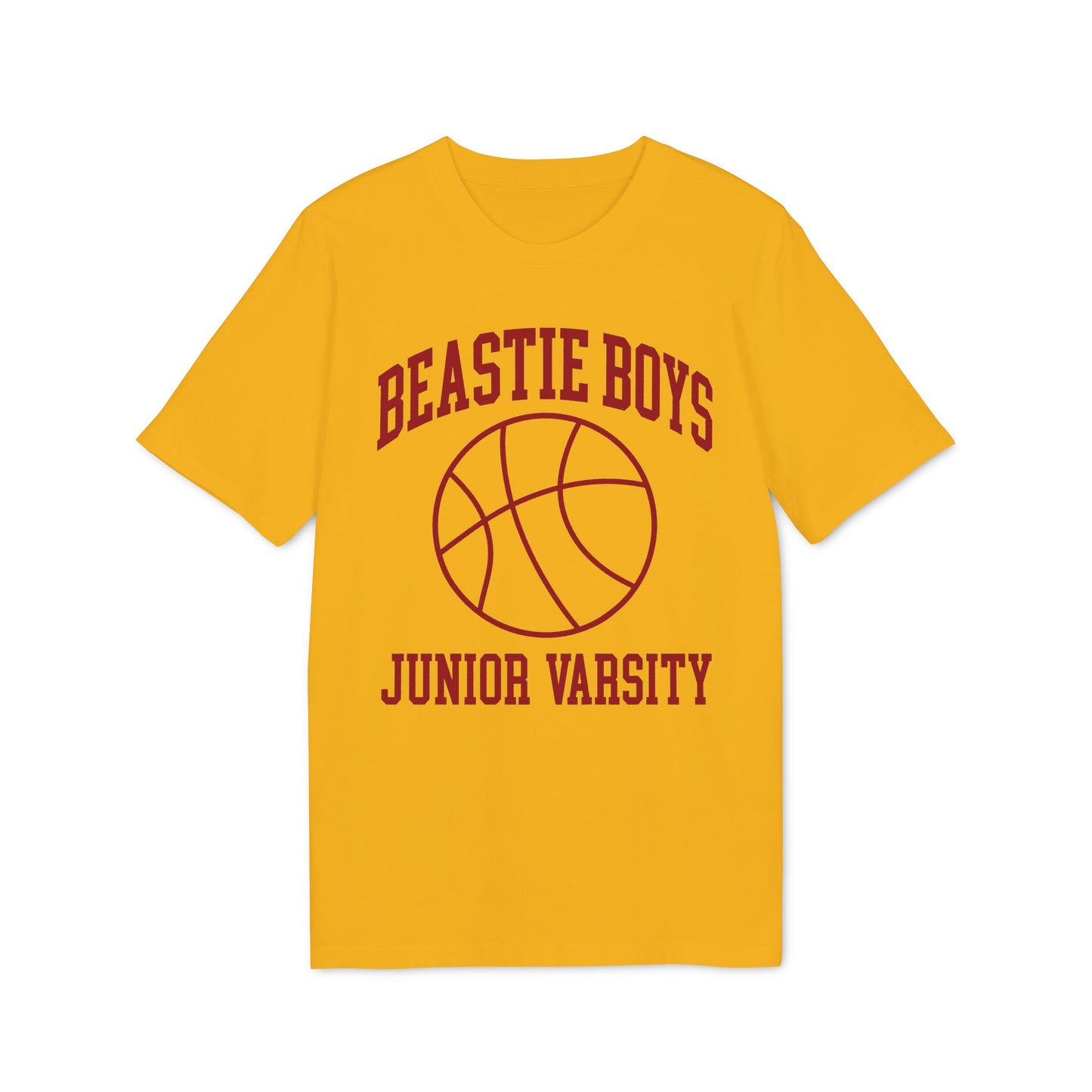Yellow t-shirt with "BEASTIE BOYS" and a basketball above "JUNIOR VARSITY".