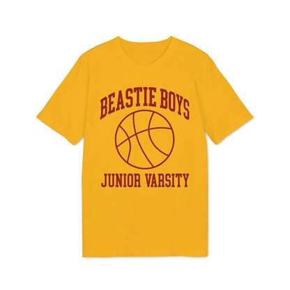 Yellow t-shirt with "BEASTIE BOYS" and a basketball above "JUNIOR VARSITY".