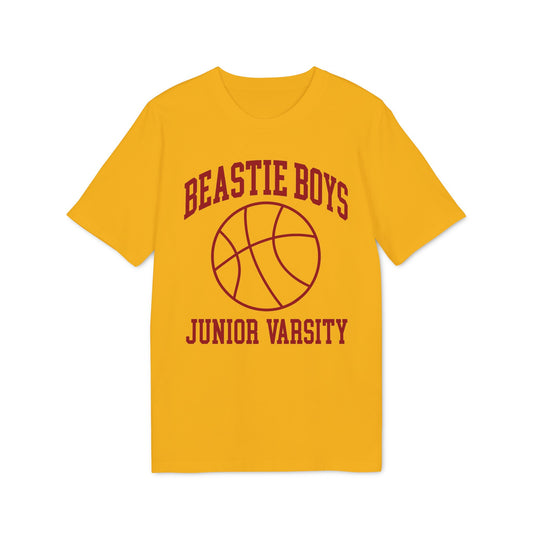 Yellow t-shirt with "BEASTIE BOYS" and a basketball above "JUNIOR VARSITY".