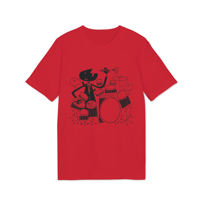 Black illustration of a dog playing drums on a red t-shirt.