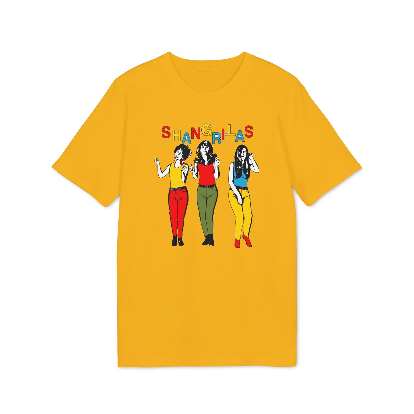 Yellow t-shirt with "Shangri-Las" text and illustration of three women.