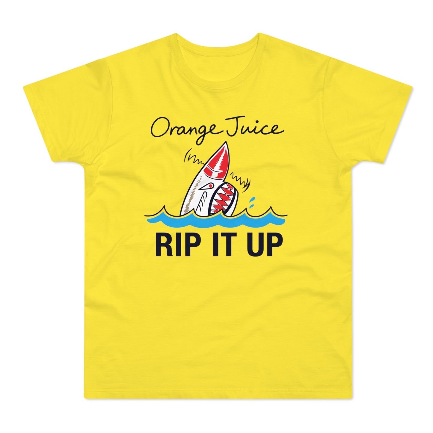 Yellow t-shirt with "Orange Juice" text and a cartoon shark in waves that says "RIP IT UP".