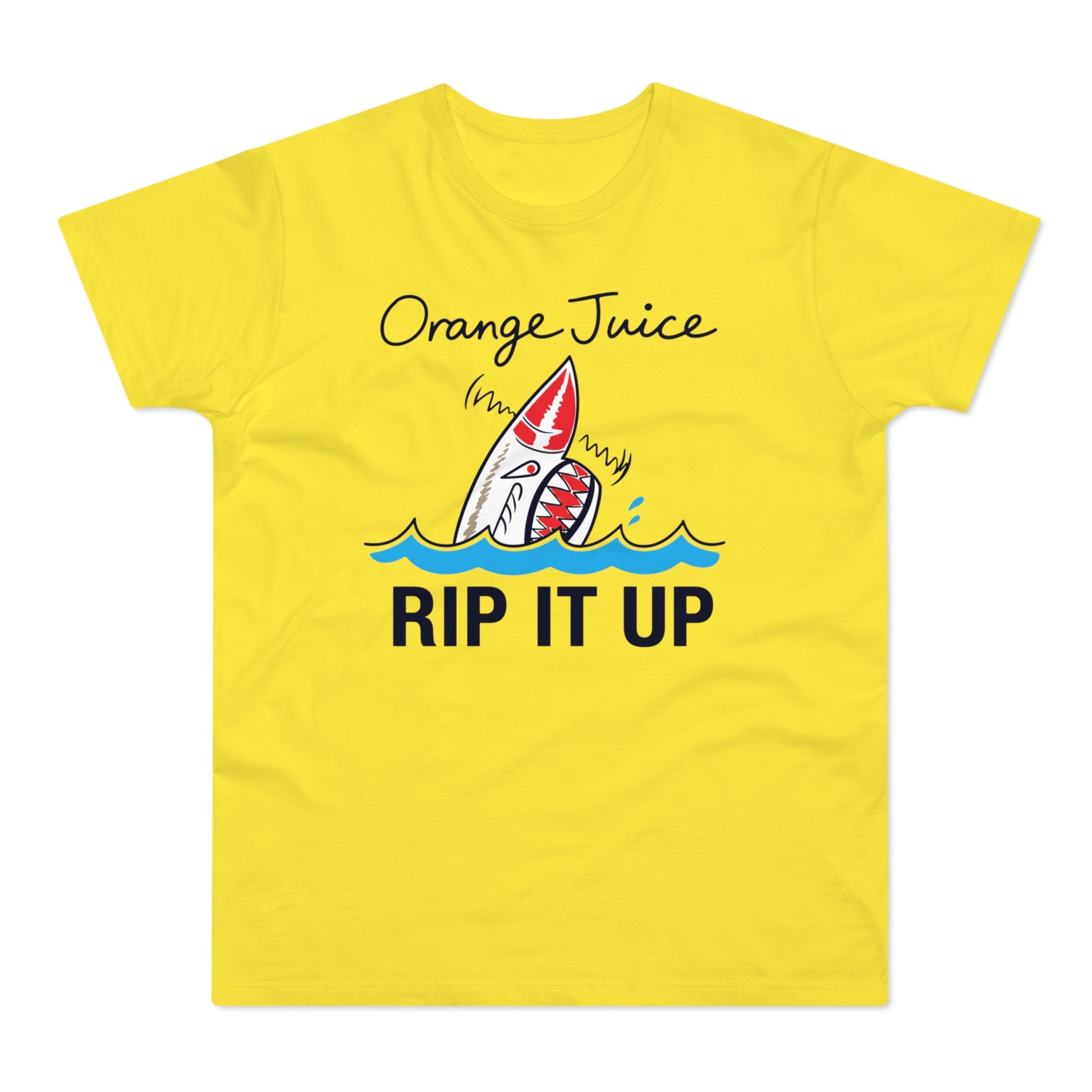 Yellow t-shirt with "Orange Juice" text and a cartoon shark in waves that says "RIP IT UP".