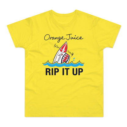 Yellow t-shirt with "Orange Juice" text and a cartoon shark in waves that says "RIP IT UP".