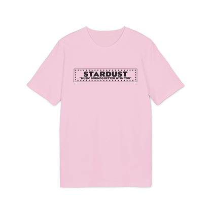 A light pink crewneck t-shirt with black Stardust music sounds better with you text graphic on the chest.
