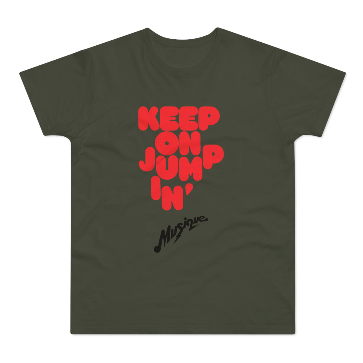 Green t-shirt with red "KEEP ON JUMP'N'" text and black "Musique" logo.
