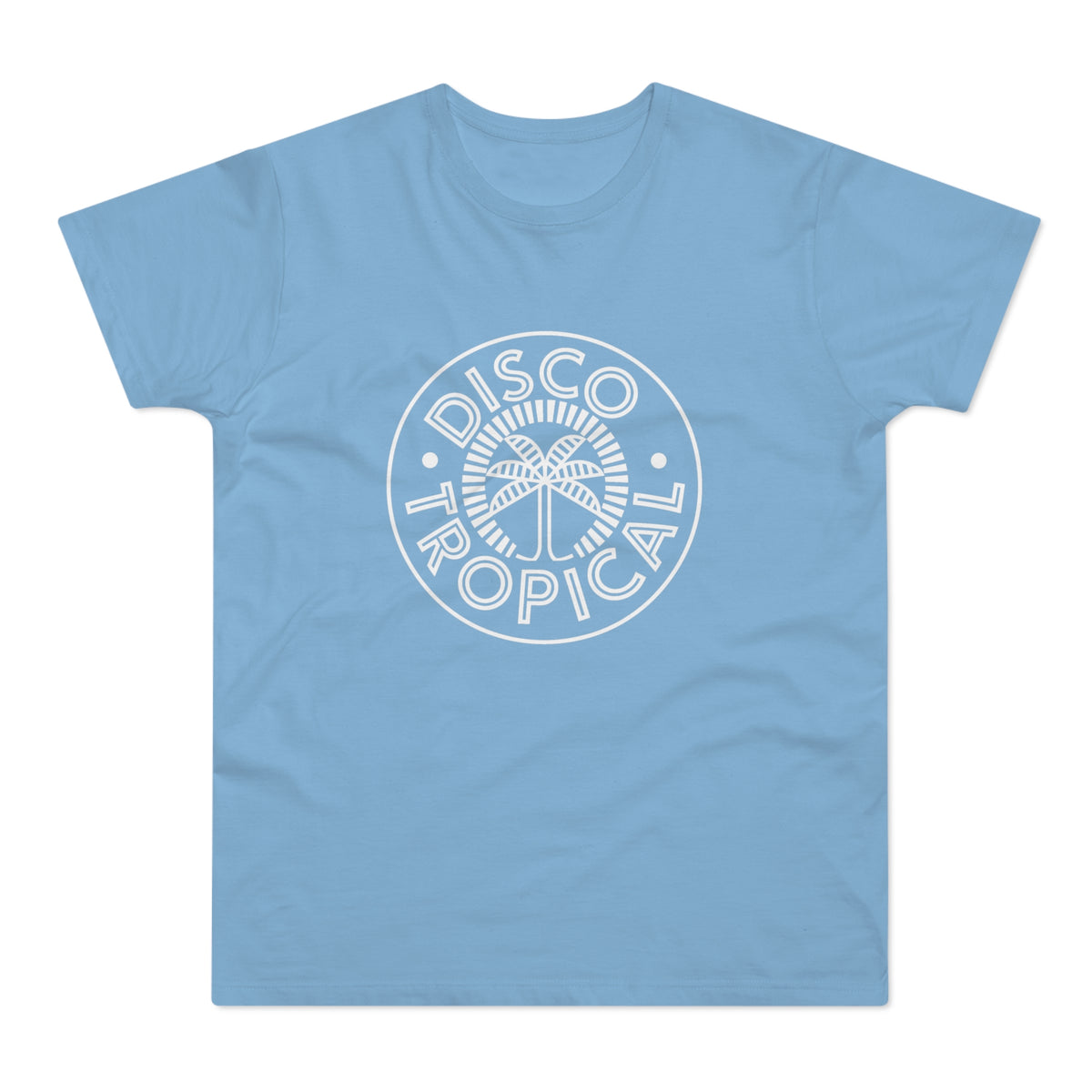 Light blue t-shirt with white "Disco Tropical" text and palm tree logo.
