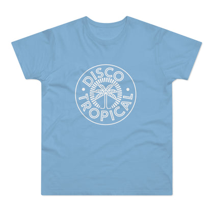Light blue t-shirt with white "Disco Tropical" text and palm tree logo.