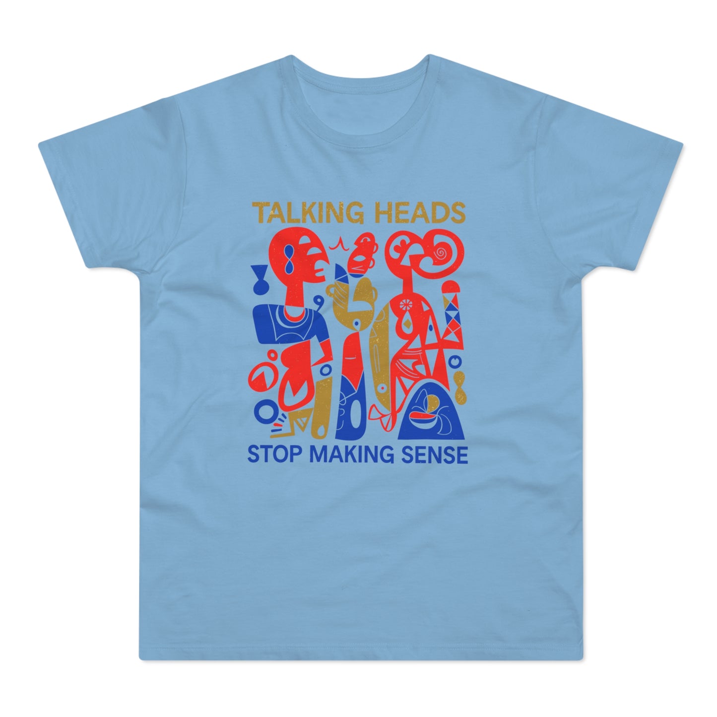 Talking Heads Stop Making Sense graphic tee in blue with abstract red and gold figures.