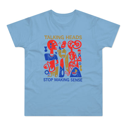 Talking Heads Stop Making Sense graphic tee in blue with abstract red and gold figures.