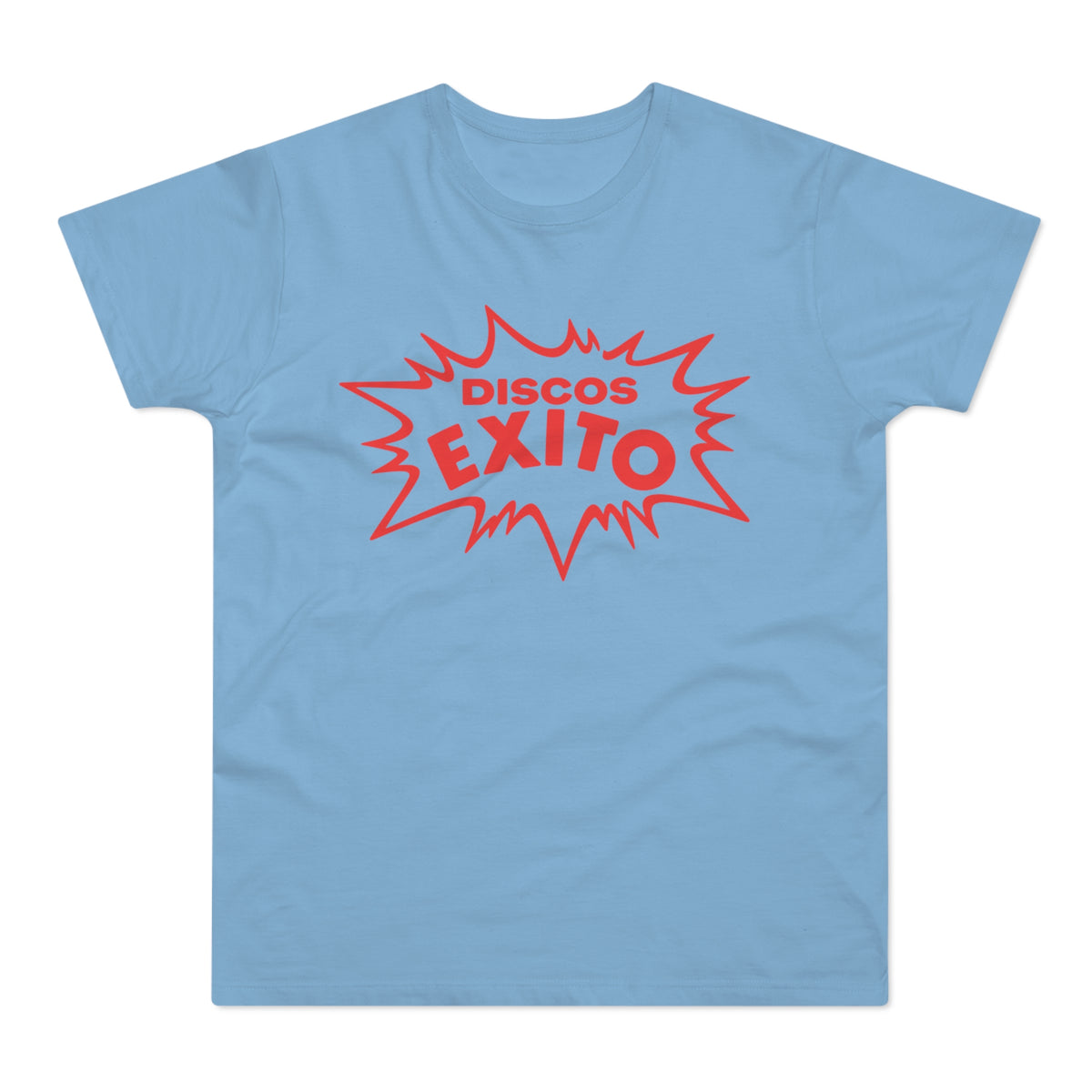 Light blue t-shirt with red "Discos Exito" graphic in a burst shape.