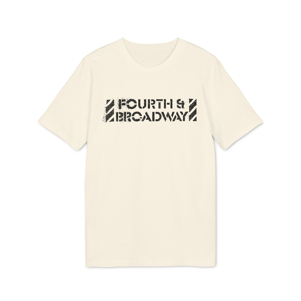Off-white short-sleeve crewneck t-shirt featuring a distressed black graphic reading Fourth & Broadway on the chest.