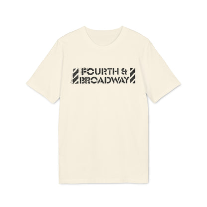 Off-white short-sleeve crewneck t-shirt featuring a distressed black graphic reading Fourth & Broadway on the chest.