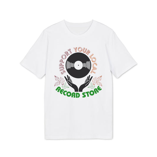 White t-shirt with graphic that reads "SUPPORT YOUR LOCAL RECORD STORE".