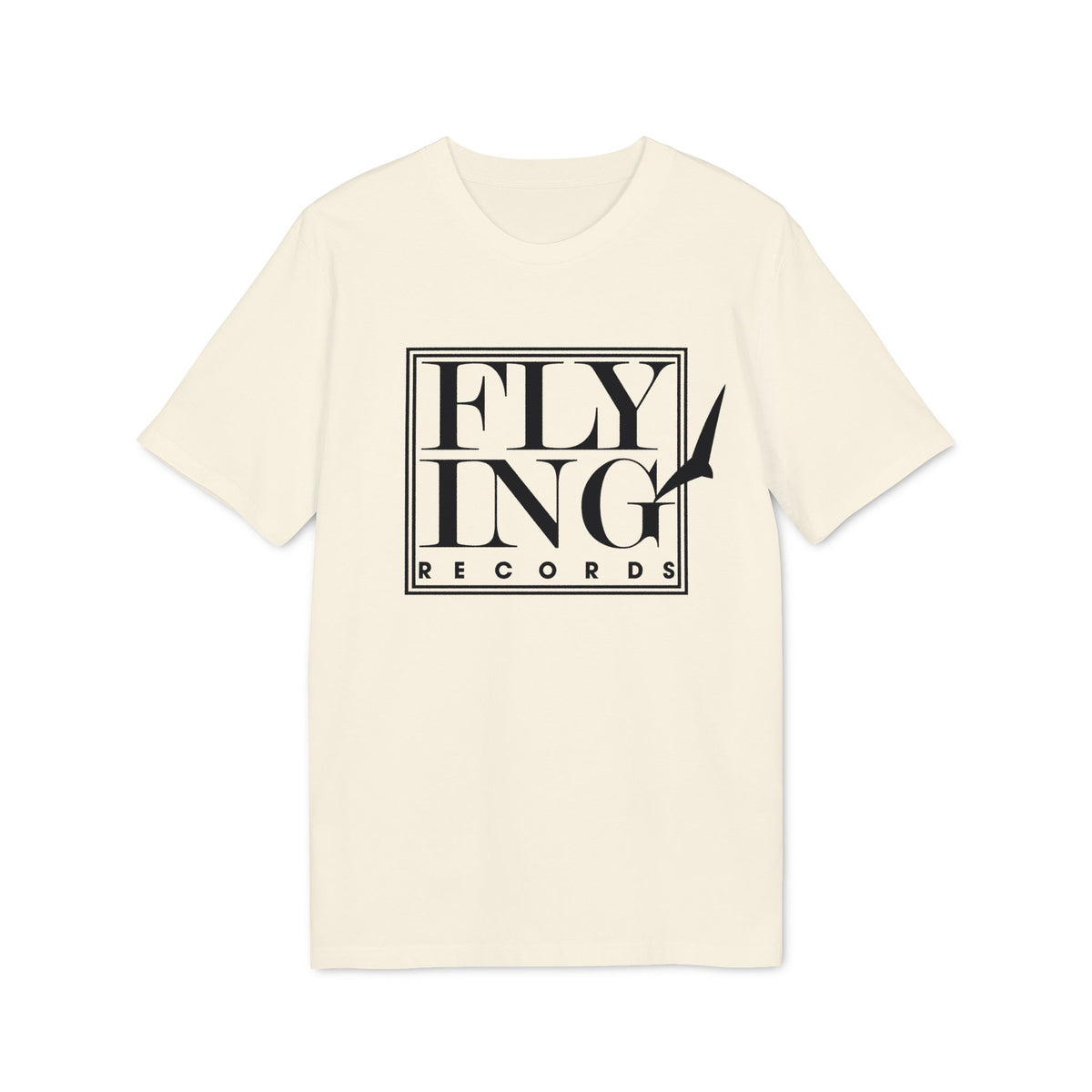 Off-white short-sleeved crew neck t-shirt featuring a black graphic with the text "FLYING RECORDS" inside a rectangle.