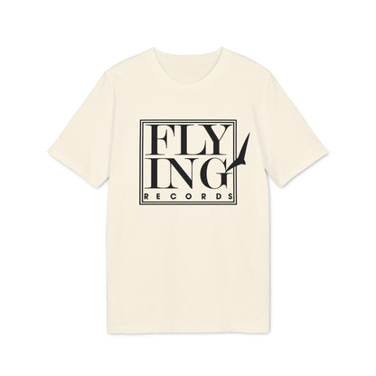 Off-white short-sleeved crew neck t-shirt featuring a black graphic with the text "FLYING RECORDS" inside a rectangle.