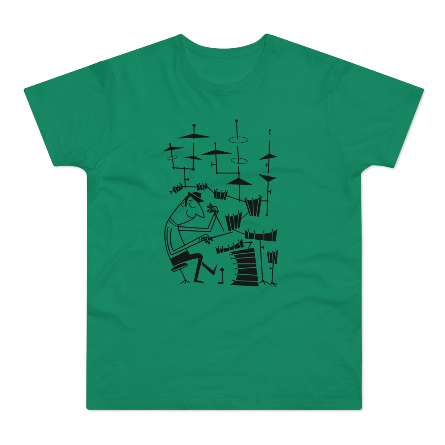 Black line drawing of a drummer playing a full drum set on a green t-shirt.