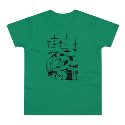 Black line drawing of a drummer playing a full drum set on a green t-shirt.